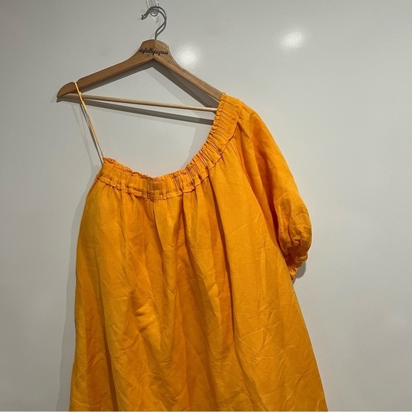 By Anthropologie One-Shoulder Waistless Mini Dress Linen Blend Mango Orange - Picture 5 of 9